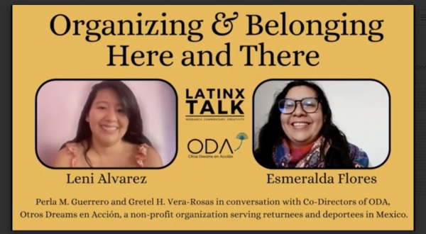 Title screen of video conversation on Organizing and Belonging Here and There